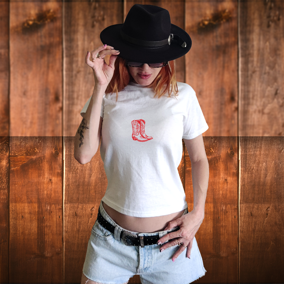 Red Boots Minimalist Baby Tee - Western Style Women's Baby Tee