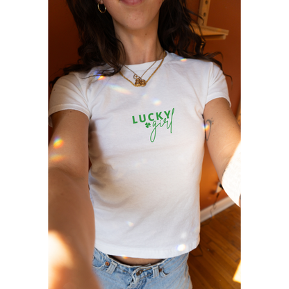 Lucky Girl Baby Tee - Y2k Style Coquette Shamrock Trendy Shirt