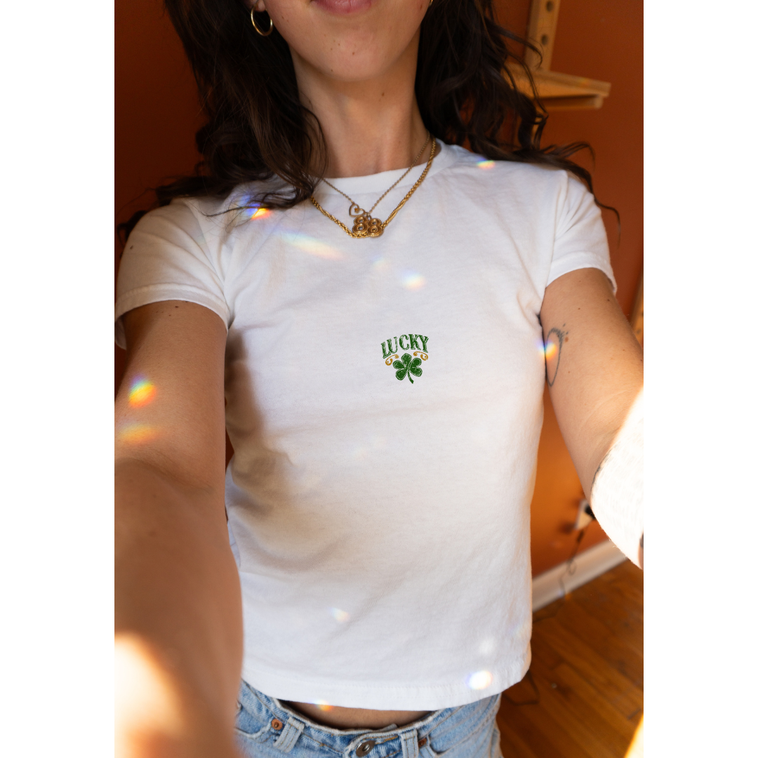 Vintage Lucky Shamrock Baby Tee - Distressed Bronze Green Tee