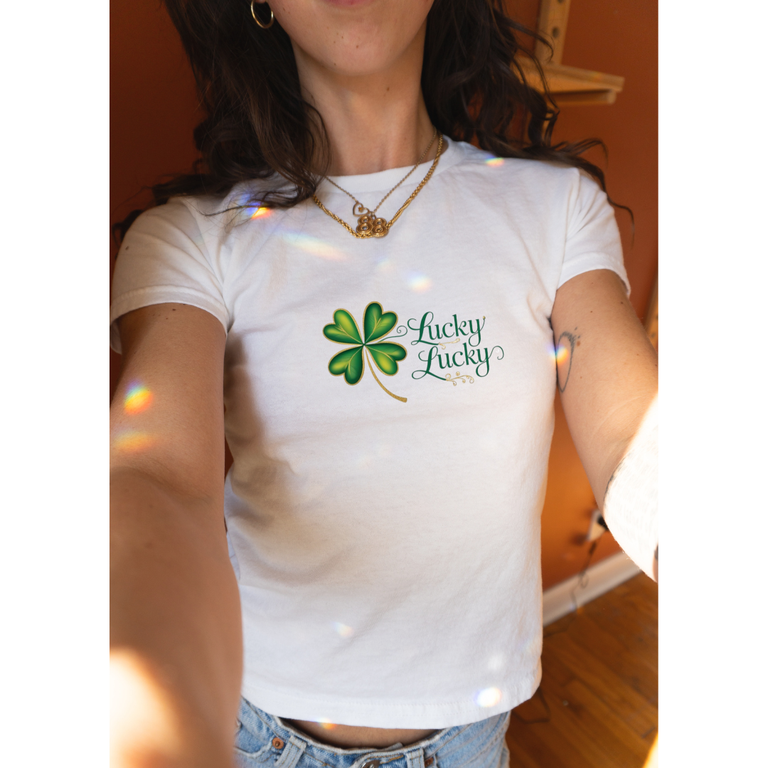 Lucky Lucky Golden Shamrock Baby Tee - Y2K Style